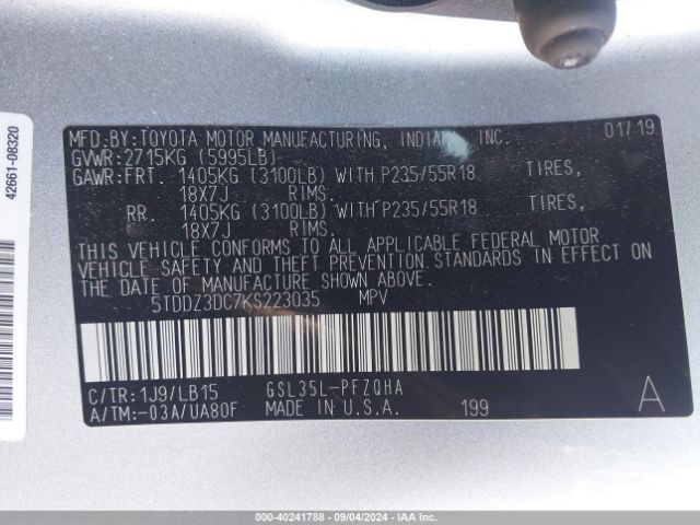 5TDDZ3DC7KS223035 Toyota Sienna Limited 7 Passenger