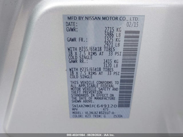 Nissan Pathfinder S 2015 5N1AR2MM1FC649120 Image 9