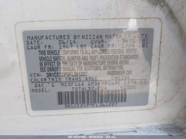 3N1CE2CP9FL361227 Nissan Versa Note Sv