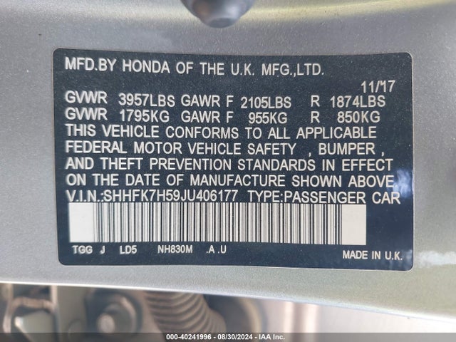 Honda CIVIC EX 2018 SHHFK7H59JU406177 Image 9