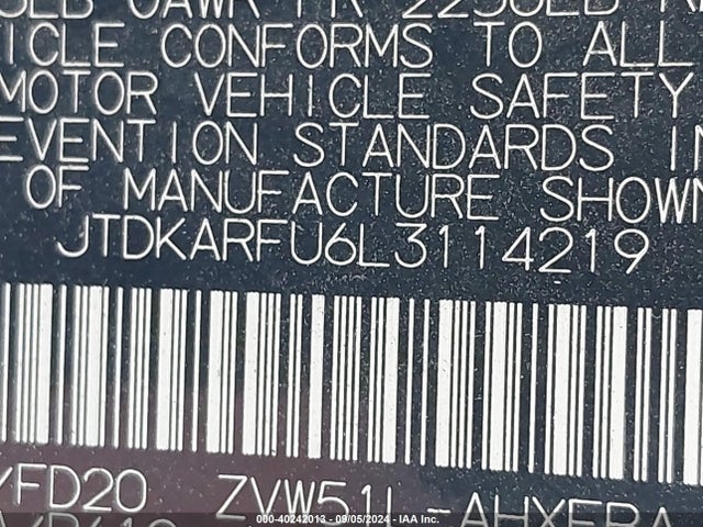 Toyota Prius Le 2020 JTDKARFU6L3114219 Image 9