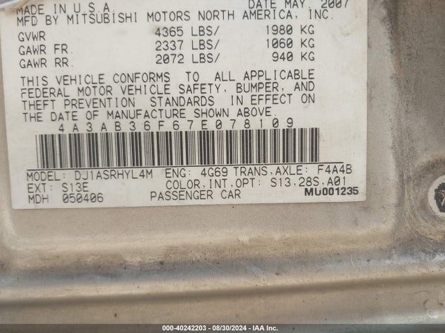 2007 MITSUBISHI GALANT 4A3AB36F67E078109 Photo 8