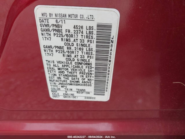 Продажа на аукционе авто 2011 Nissan Rogue Sv, vin: JN8AS5MVXBW306595, номер лота: 40242227