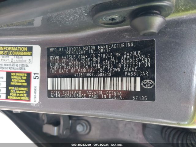 4T1B11HK4JU508219 Toyota CAMRY LE