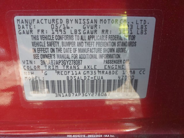 Nissan SENTRA SV 2016 3N1AB7AP3GY278087 Image 9