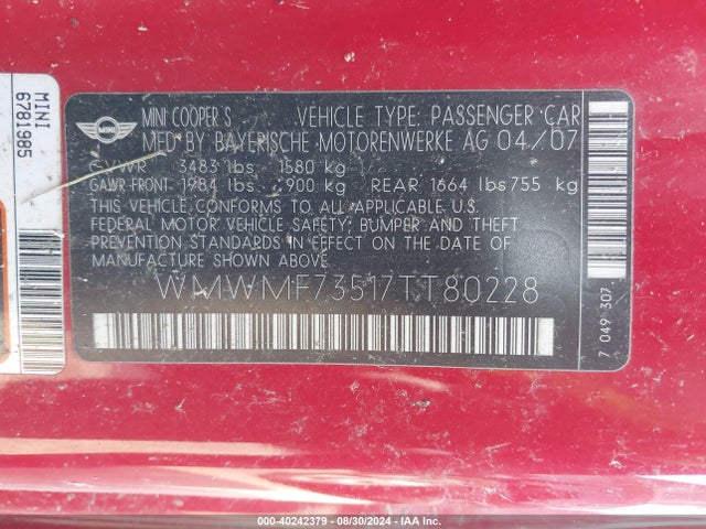 2007 MINI COOPER S WMWMF73517TT80228 Photo 8