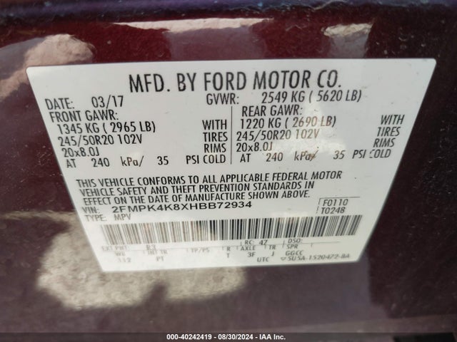 Ford Edge Titanium 2017 2FMPK4K8XHBB72934 Image 9