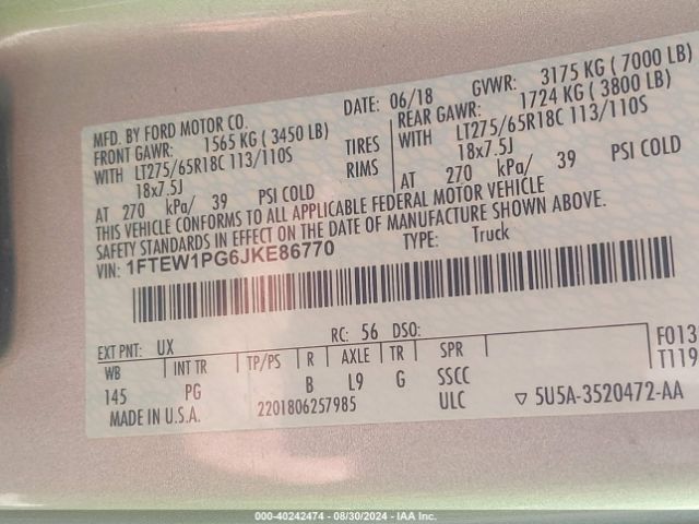 1FTEW1PG6JKE86770 Ford F-150 Police Responder Xl