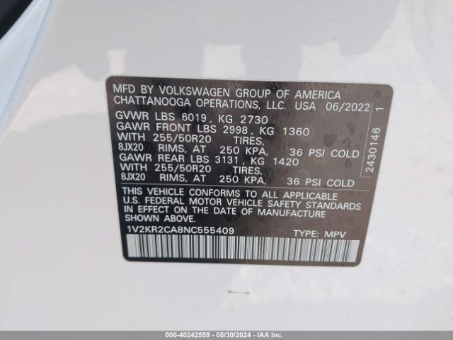1V2KR2CA8NC555409 Volkswagen Atlas 3.6l V6 Se W/technology
