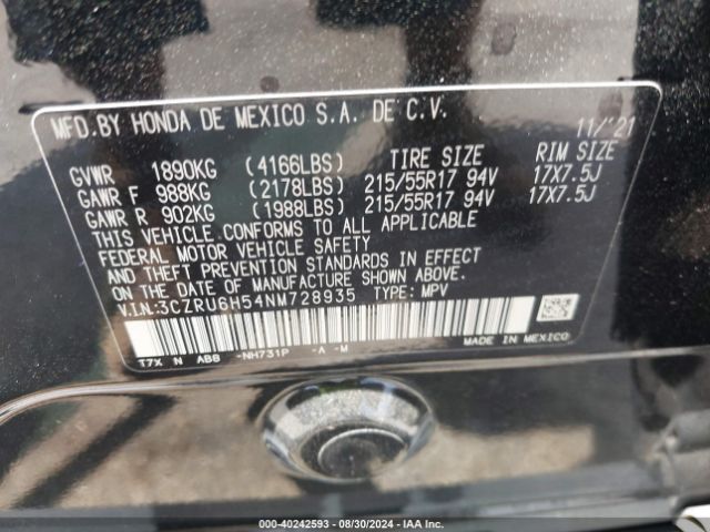 3CZRU6H54NM728935 Honda Hr-v Awd Ex