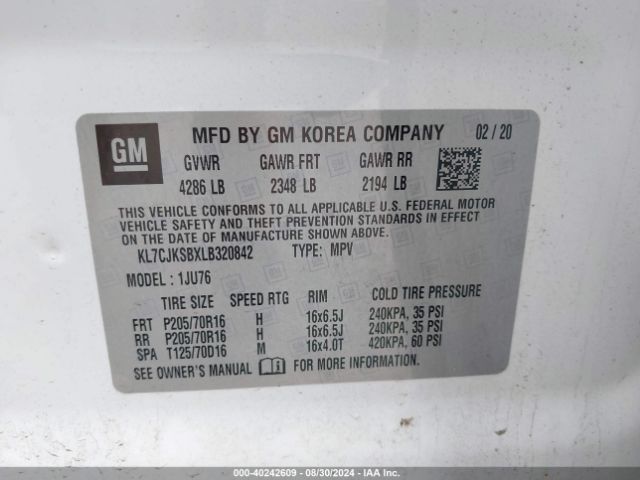 KL7CJKSBXLB320842 Chevrolet Trax Fwd Ls