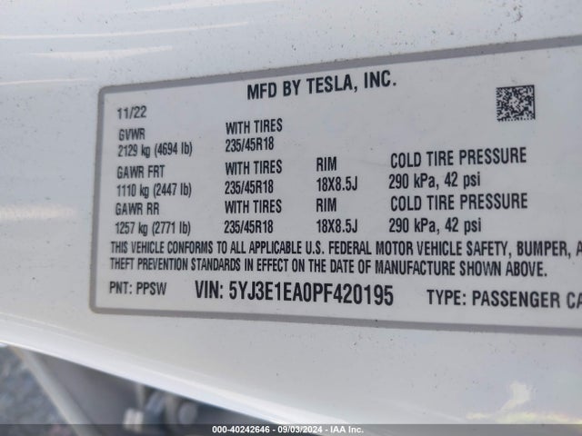 Tesla Model 3 Rear-wheel Drive 2023 5YJ3E1EA0PF420195 Image 9