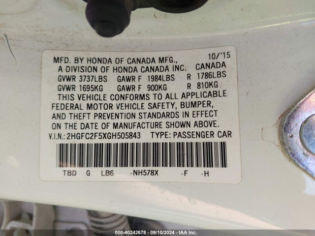 Honda Civic Lx 2016 2HGFC2F5XGH505843 Image 9