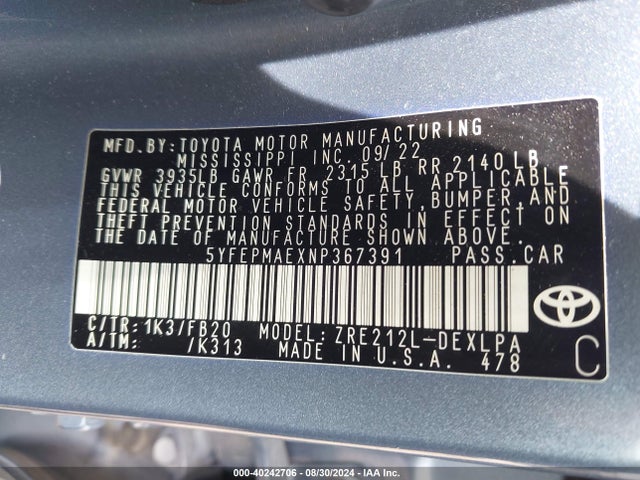 Toyota COROLLA LE 2022 5YFEPMAEXNP367391 Image 9