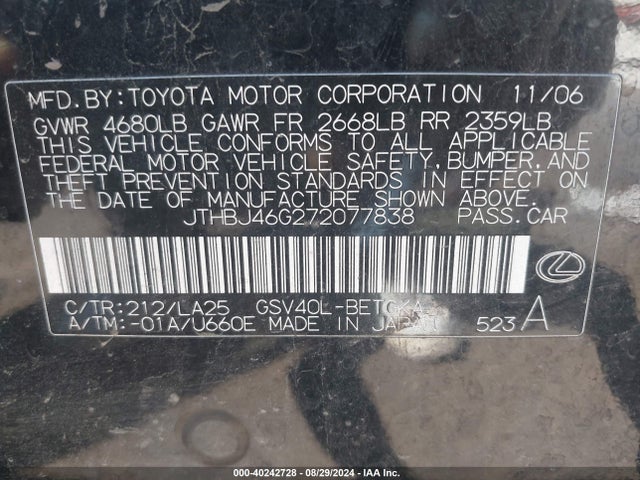 Aukcja sprzedaży 2007 Lexus Es 350, vin: JTHBJ46G272077838, numer aukcji: 40242728