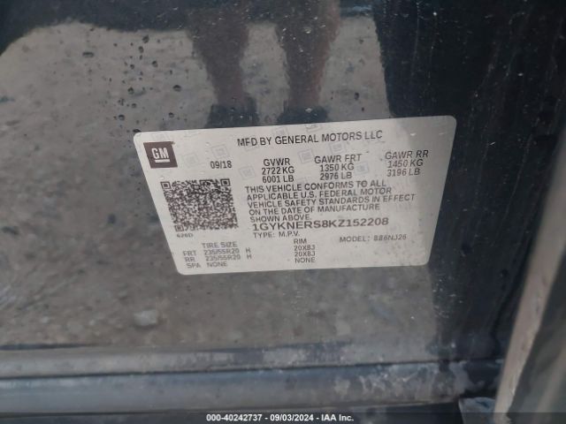 1GYKNERS8KZ152208 Cadillac Xt5 Premium Luxury