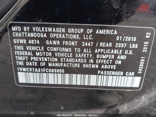 1VWCV7A31FC063855 Volkswagen Passat 2.0l Tdi Sel Premium