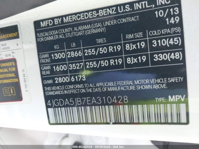 4JGDA5JB7EA310428 Mercedes-Benz ML 350