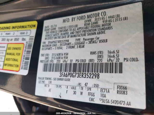 3FA6P0G73ER352298 Ford FUSION S