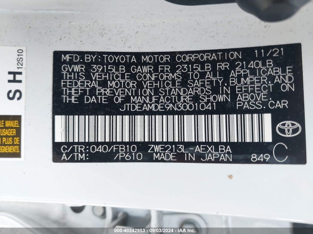 Toyota Corolla Hybrid Le 2022 JTDEAMDE9N3001041 Image 9
