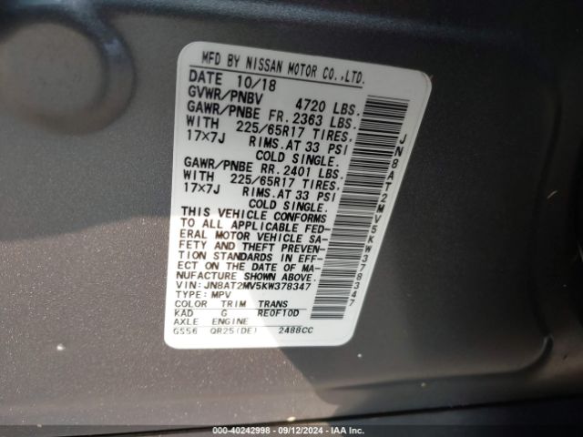 JN8AT2MV5KW378347 Nissan ROGUE SV