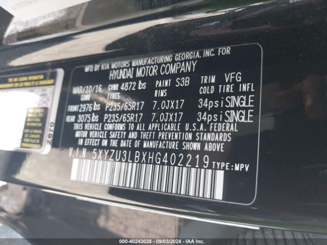 5XYZU3LBXHG402219 Hyundai Santa Fe Sport 2.4l