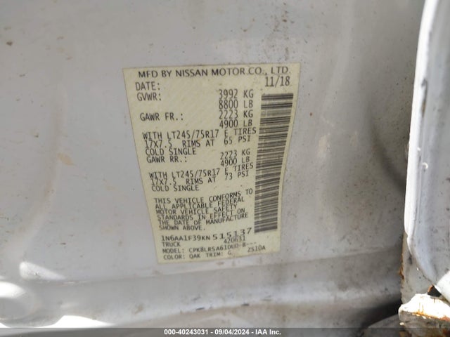 1N6AA1F39KN515137 Nissan Titan Xd S Gas