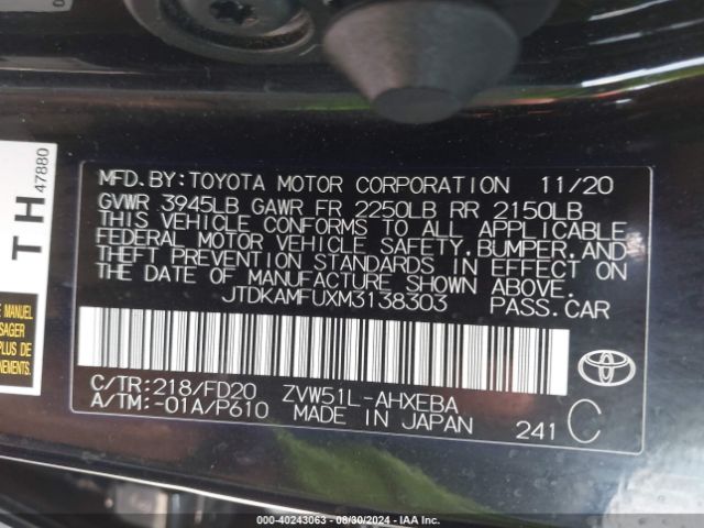 JTDKAMFUXM3138303 Toyota Prius Le