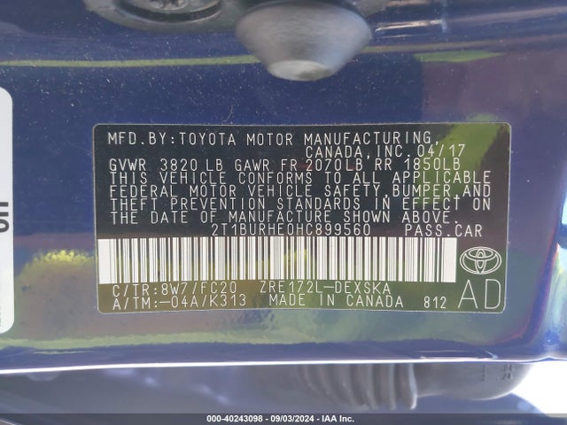 Toyota COROLLA SE 2017 2T1BURHE0HC899560 Image 9