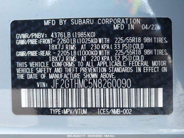 JF2GTHMC5N8260090 Subaru Crosstrek Limited