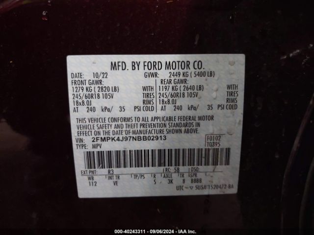 2FMPK4J97NBB02913 Ford EDGE SEL