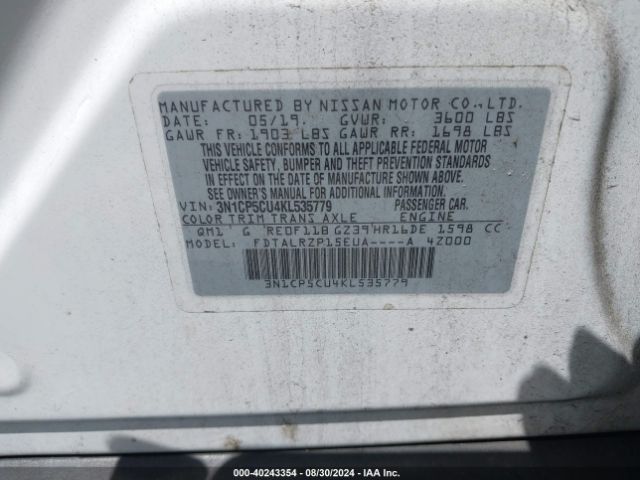 3N1CP5CU4KL535779 Nissan KICKS S