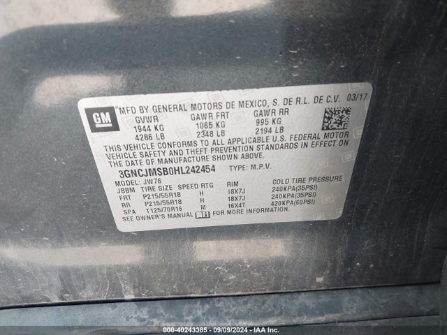 Chevrolet Trax Premier 2017 3GNCJMSB0HL242454 Image 9