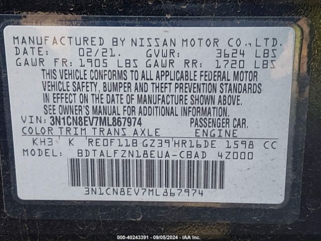 3N1CN8EV7ML867974 Nissan Versa Sv Xtronic Cvt