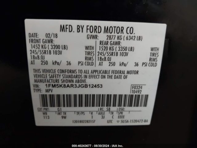 1FM5K8AR3JGB12453 Ford Police Interceptor Utility