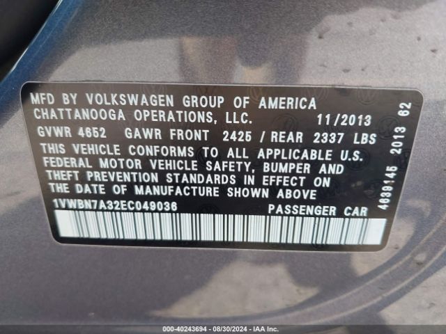 1VWBN7A32EC049036 Volkswagen Passat 2.0l Tdi Se