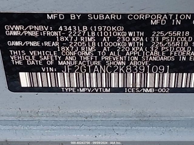 JF2GTANC2K8391091 Subaru Crosstrek 2.0i Limited