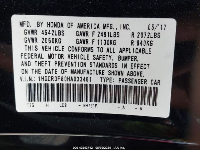 1HGCR3F80HA033461 Honda Accord Ex-l V6
