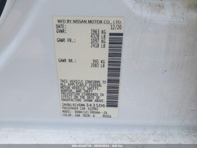 1N4BL4CV6MN343506 Nissan Altima Sr Fwd