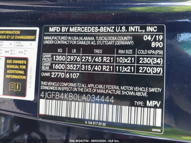 4JGFB4KB0LA034444 Mercedes-Benz Gle 350 4matic
