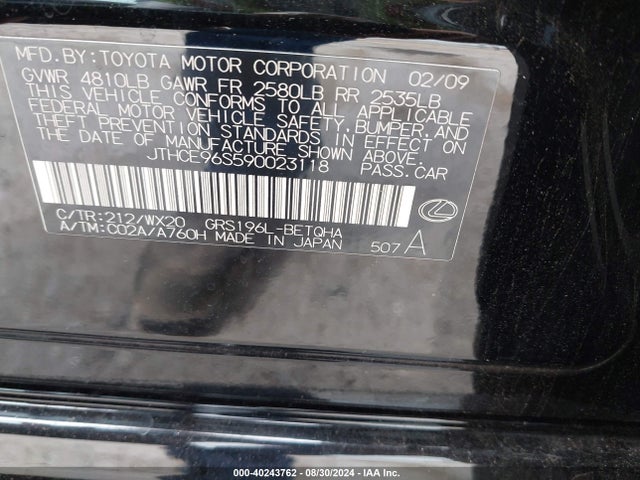 Aukcja sprzedaży 2009 Lexus Gs 350 Base (a6), vin: JTHCE96S590023118, numer aukcji: 40243762