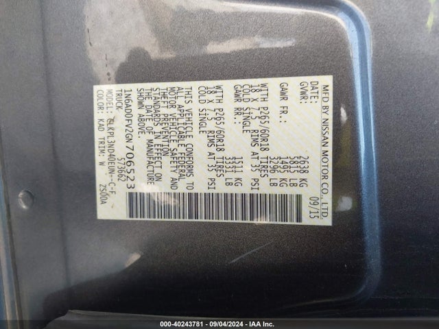 Nissan Frontier Sl 2016 1N6AD0FV2GN706523 Image 9