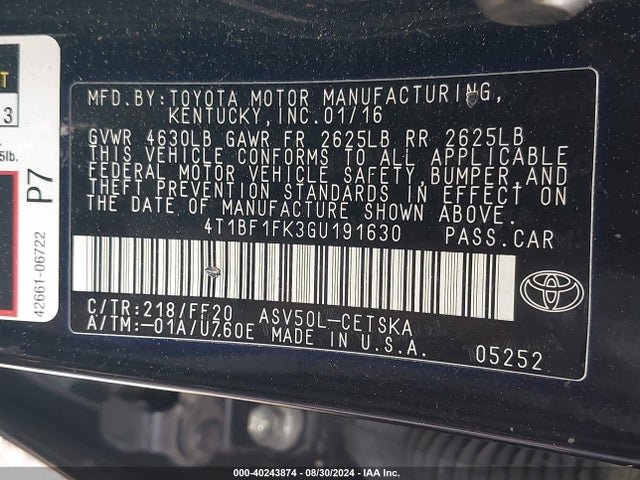 Toyota CAMRY SE 2016 4T1BF1FK3GU191630 Image 9