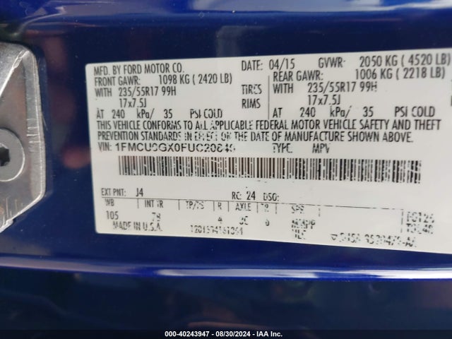 Ford ESCAPE SE 2015 1FMCU0GX0FUC20840 Image 9