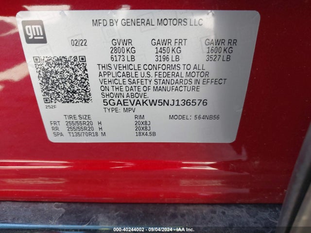 5GAEVAKW5NJ136576 Buick Enclave Awd Essence