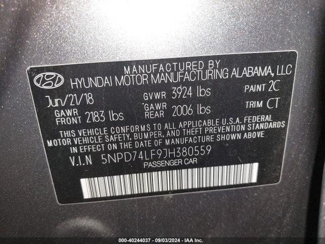 5NPD74LF9JH380559 Hyundai ELANTRA SE