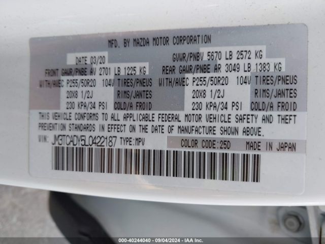 JM3TCADY5L0422187 Mazda Cx-9 Grand Touring