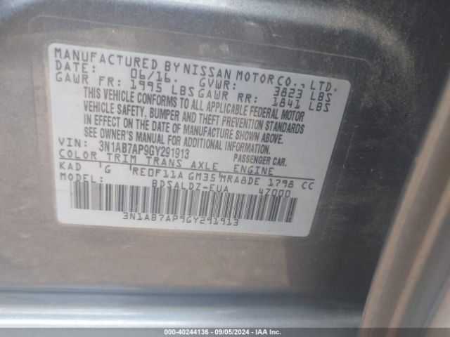 3N1AB7AP9GY291913 Nissan SENTRA SV