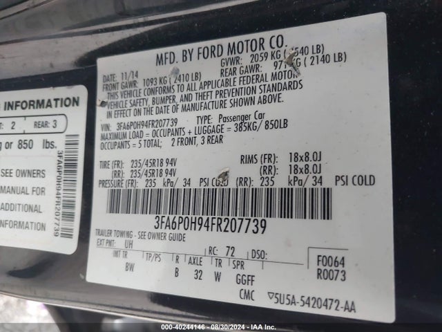 Ford FUSION SE 2015 3FA6P0H94FR207739 Image 9