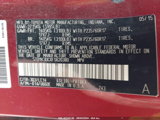Toyota Sienna Xle 8 Passenger 2015 5TDYK3DCXFS620380 Image 9